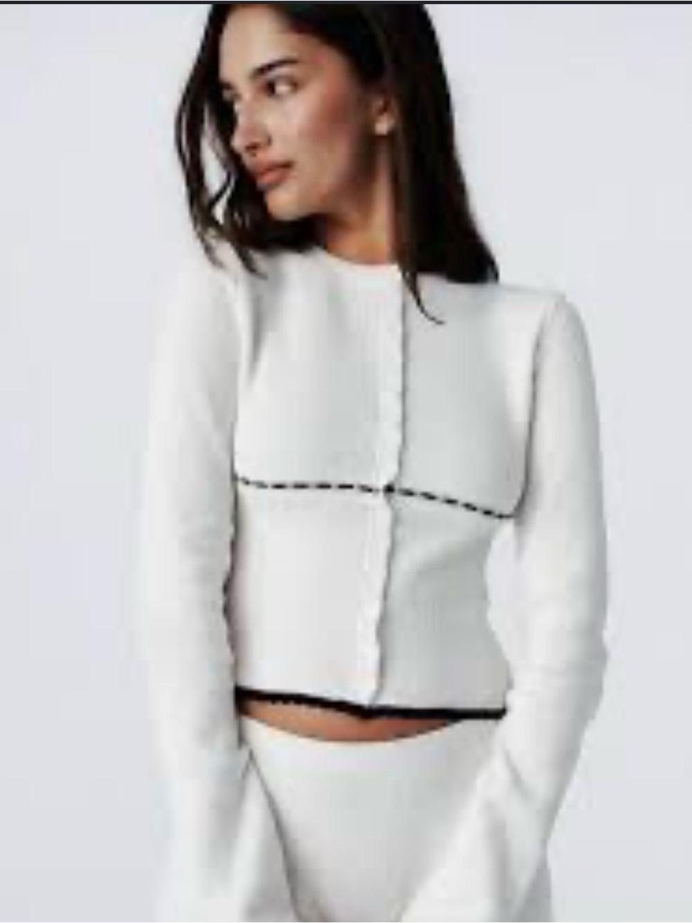 With Jean size XS White Cropped Knit Cardigan with Black Trim